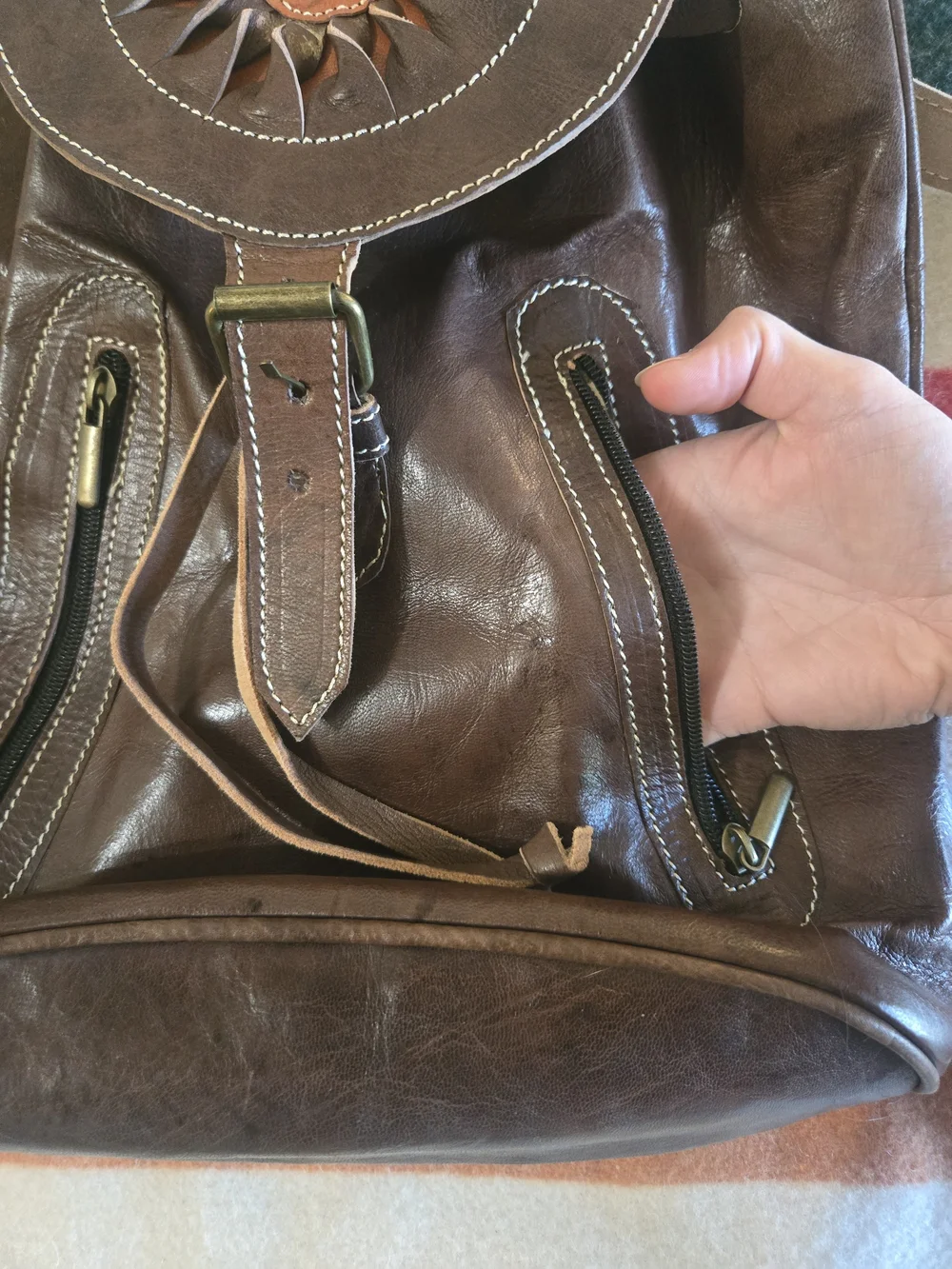 Brown Leather Sunburst Accent Backpack Purse